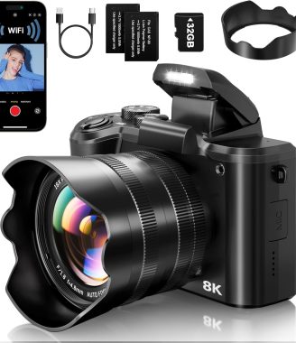8K Digital Cameras for Photography - Autofocus 88MP WiFi Vlogging Camera for YouTube with Dual-Lens - 16X Digital Zoom Vlog Camera with Lens Hood, Flash, Touch Screen, 2 Batteries, 32GB TF Card